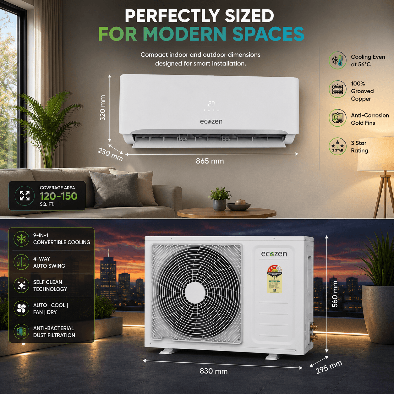Ecozen Smart AC indoor and outdoor unit dimension diagram with width, height and depth measurements